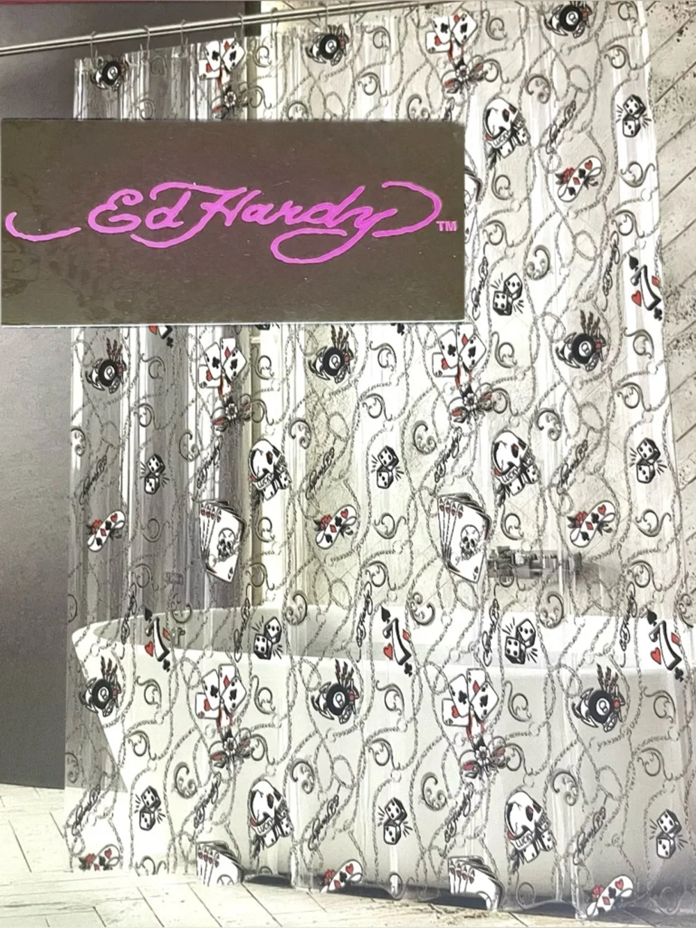 Ed Hardy LUCKY ACES Clear Shower Curtain Liner Cards 8-Ball Dice PEVA 72x72 NWT